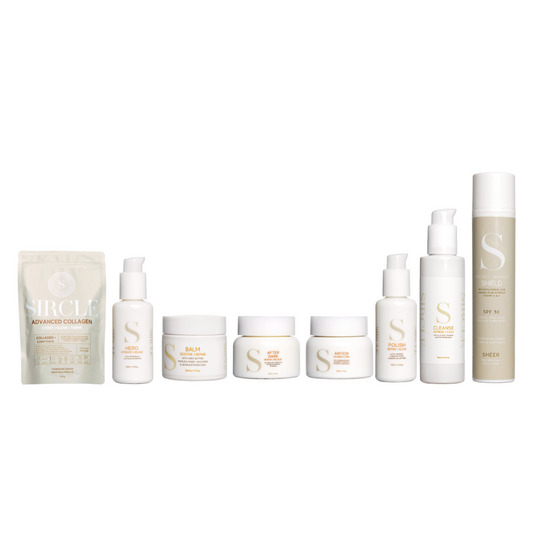 skin care products from SIRCLE, including serums, creams, balms, and a brush