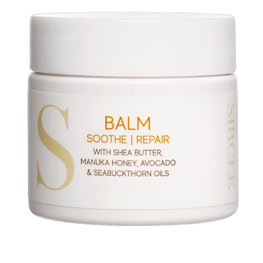 Sircle Balm with ingredients shea butter, manuka honey, avocado, and sea buckthorn oils.