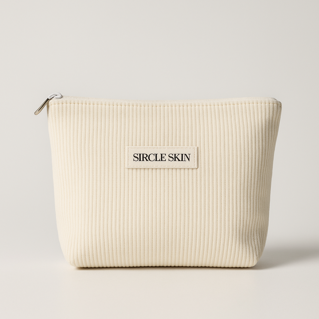 Beige ribbed pouch with 'Sircle Skin' label on a light gray background
